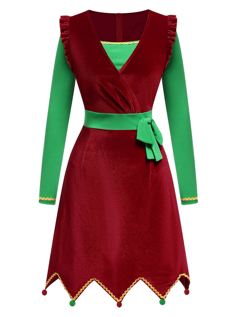 [Pre-Sale] Red 1960s Christmas Wave Hem Contrast Dress