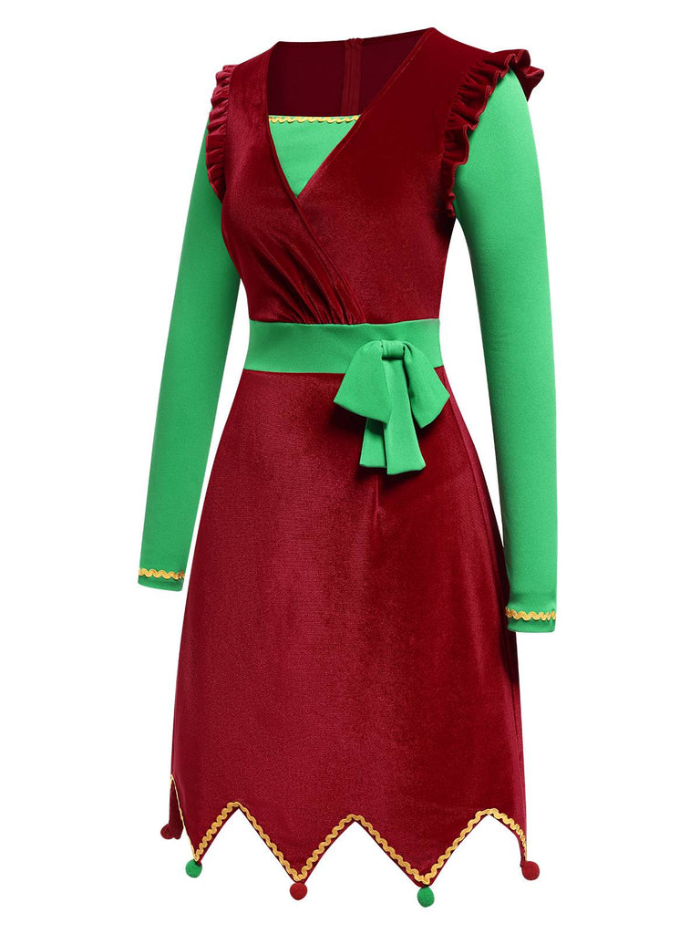 [Pre-Sale] Red 1960s Christmas Wave Hem Contrast Dress