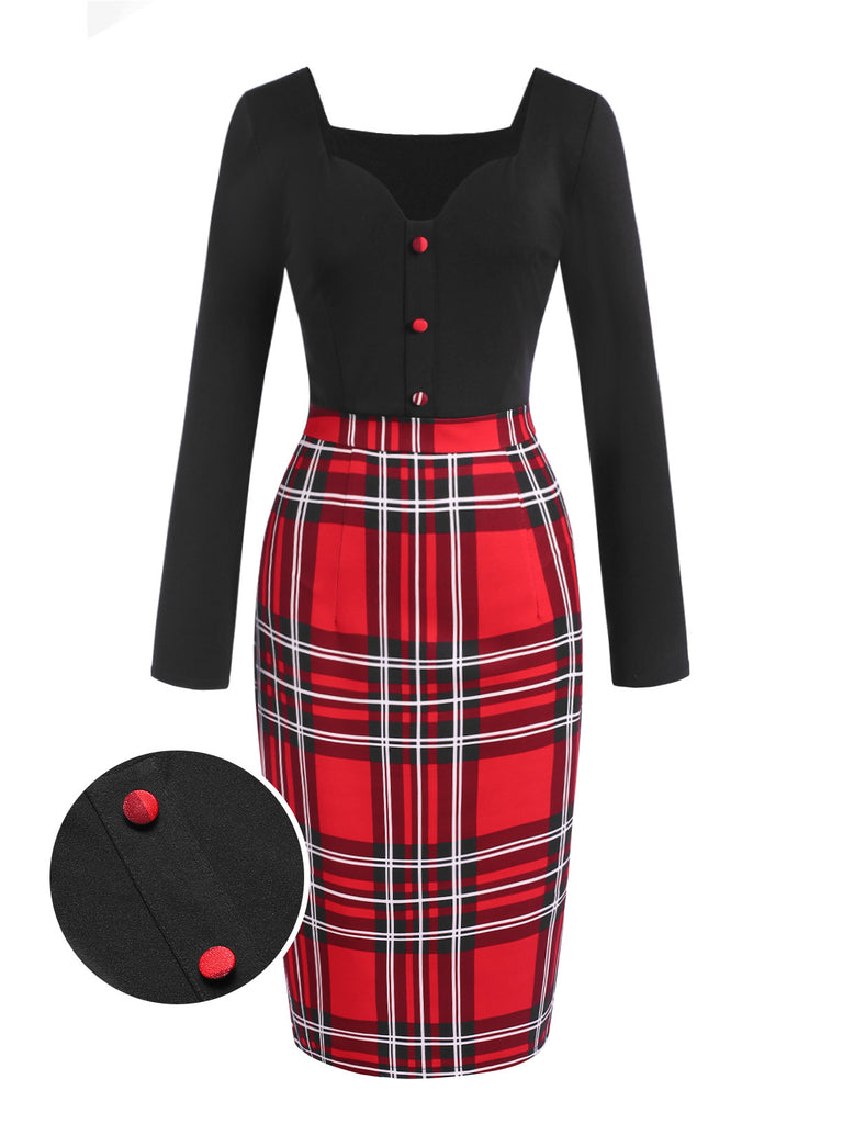 [Pre-Sale] 1960s Heart Neck Button Tartan Plaid Pencil Dress