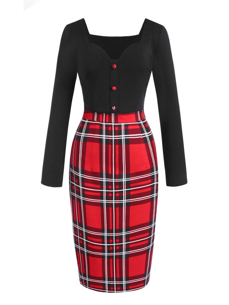 [Pre-Sale] 1960s Heart Neck Button Tartan Plaid Pencil Dress