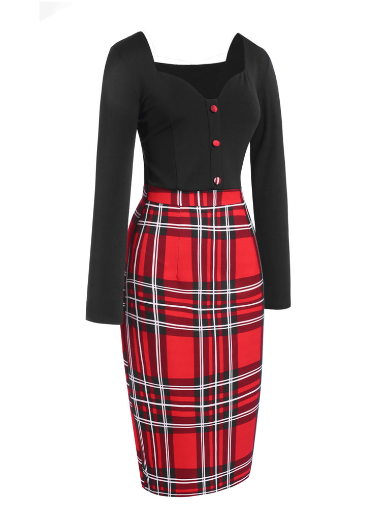 [Pre-Sale] 1960s Heart Neck Button Tartan Plaid Pencil Dress