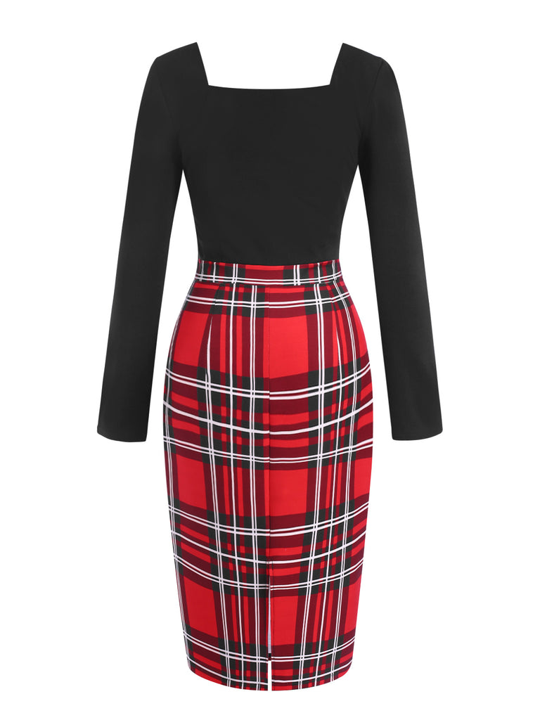 [Pre-Sale] 1960s Heart Neck Button Tartan Plaid Pencil Dress