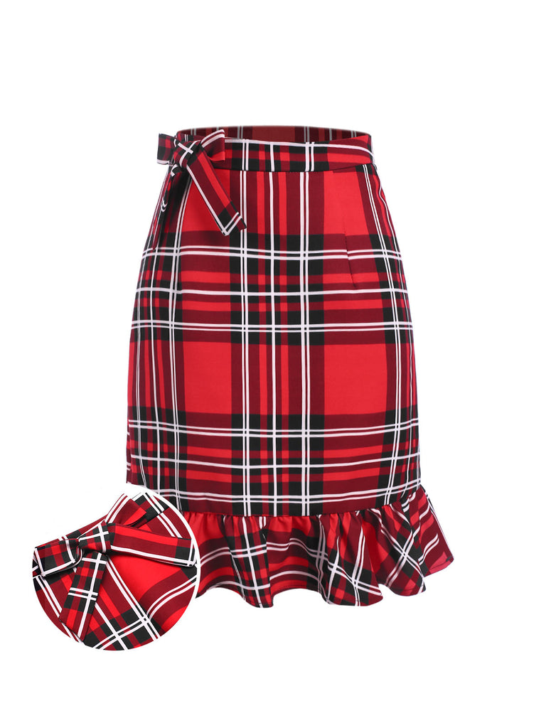 [Pre-Sale] Red 1970s Tartan Plaids Bow Ruffles Skirt