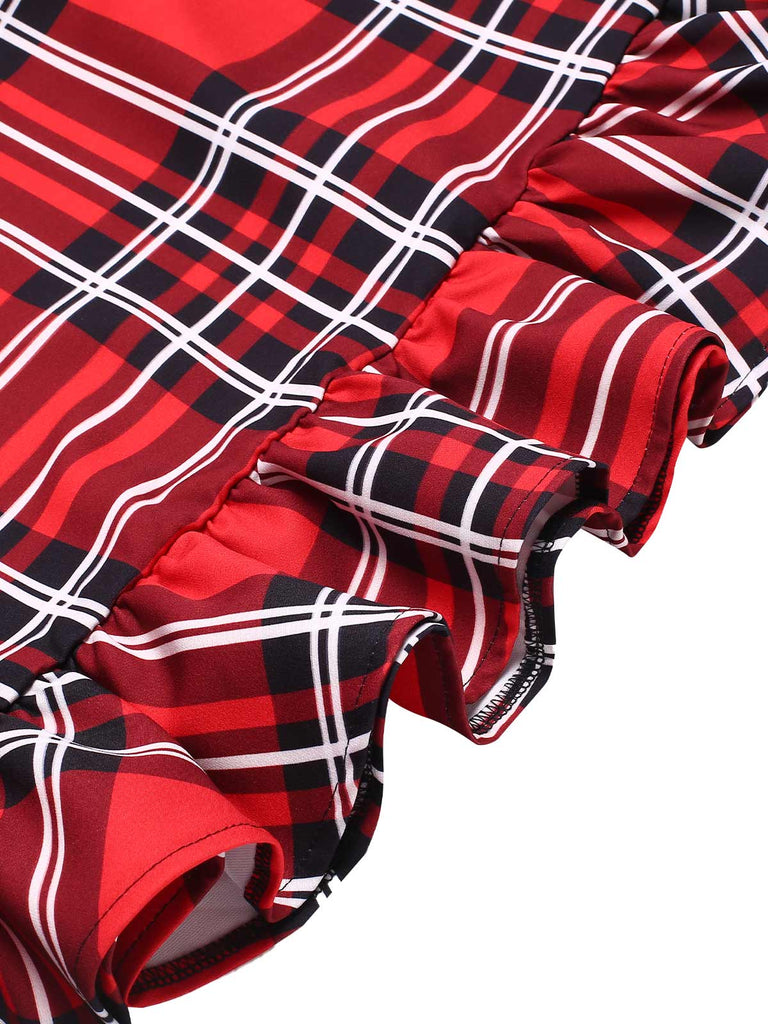 [Pre-Sale] Red 1970s Tartan Plaids Bow Ruffles Skirt