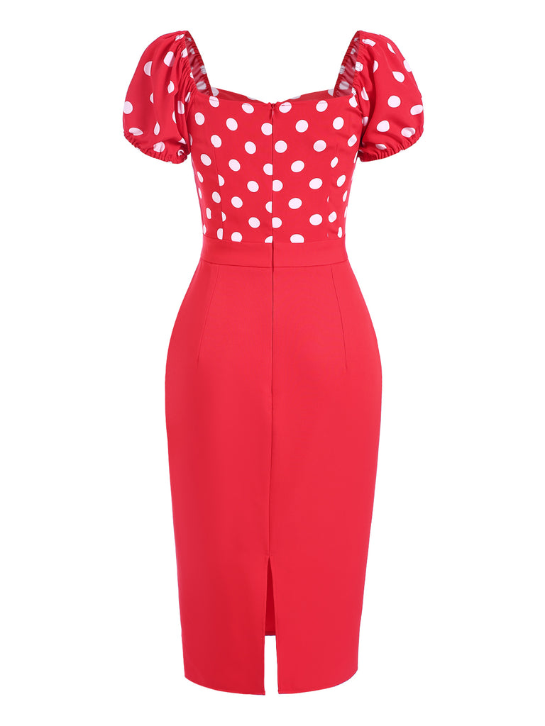 [Pre-Sale] Red 1960s Polka Dots Button Puff Sleeve Dress