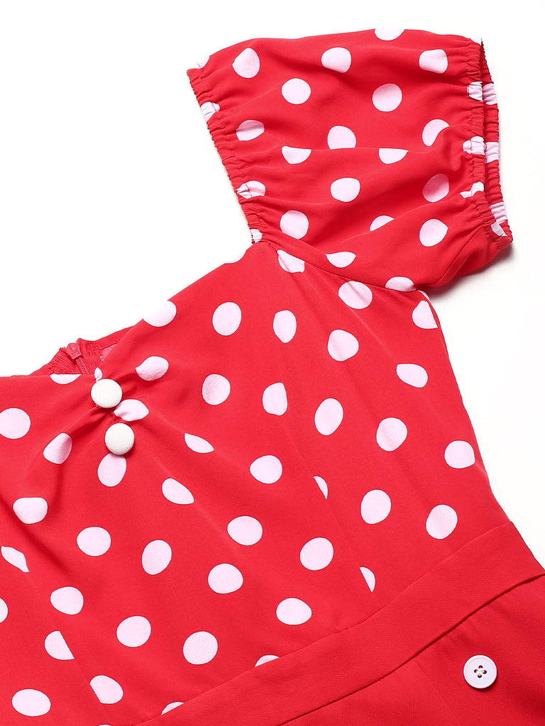 [Pre-Sale] Red 1960s Polka Dots Button Puff Sleeve Dress