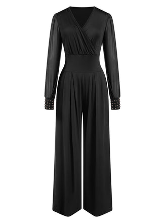 1930s Solid V-Neck Beading Mesh Jumpsuit