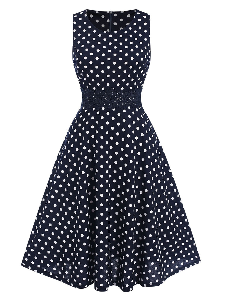 Blue 1940s Lace Patchwork Polka Dots Dress