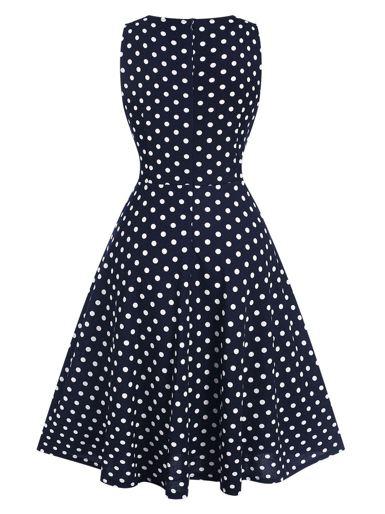 Blue 1940s Lace Patchwork Polka Dots Dress