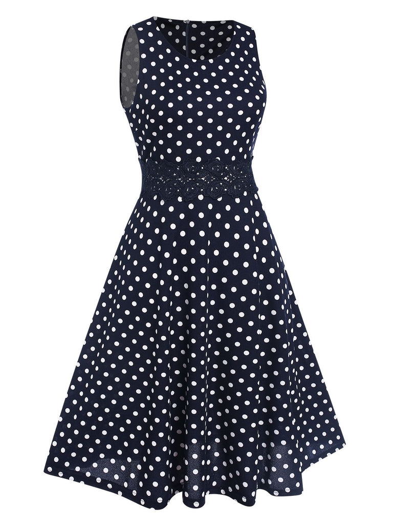 Blue 1940s Lace Patchwork Polka Dots Dress