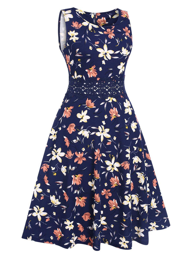 Deep Blue 1940s Floral Sleeveless Dress