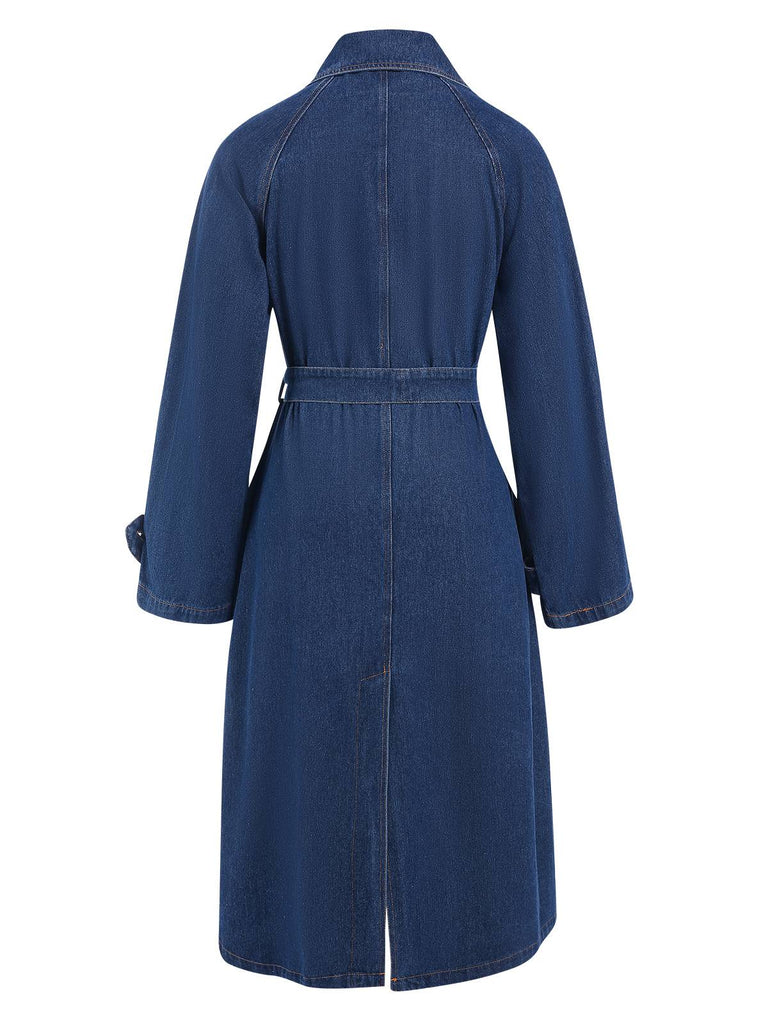 Blue 1950s Solid Lapel Double Breasted Belted Denim Coat