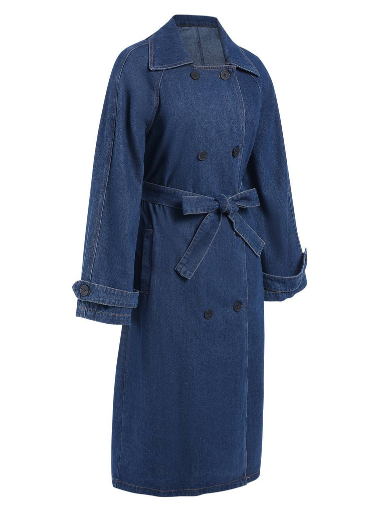 Blue 1950s Solid Lapel Double Breasted Belted Denim Coat