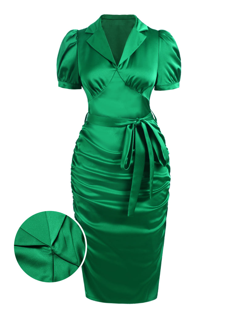 [Pre-Sale] Green 1960s Lapel Satin Puff Sleeve Belted Dress