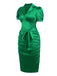 [Pre-Sale] Green 1960s Lapel Satin Puff Sleeve Belted Dress