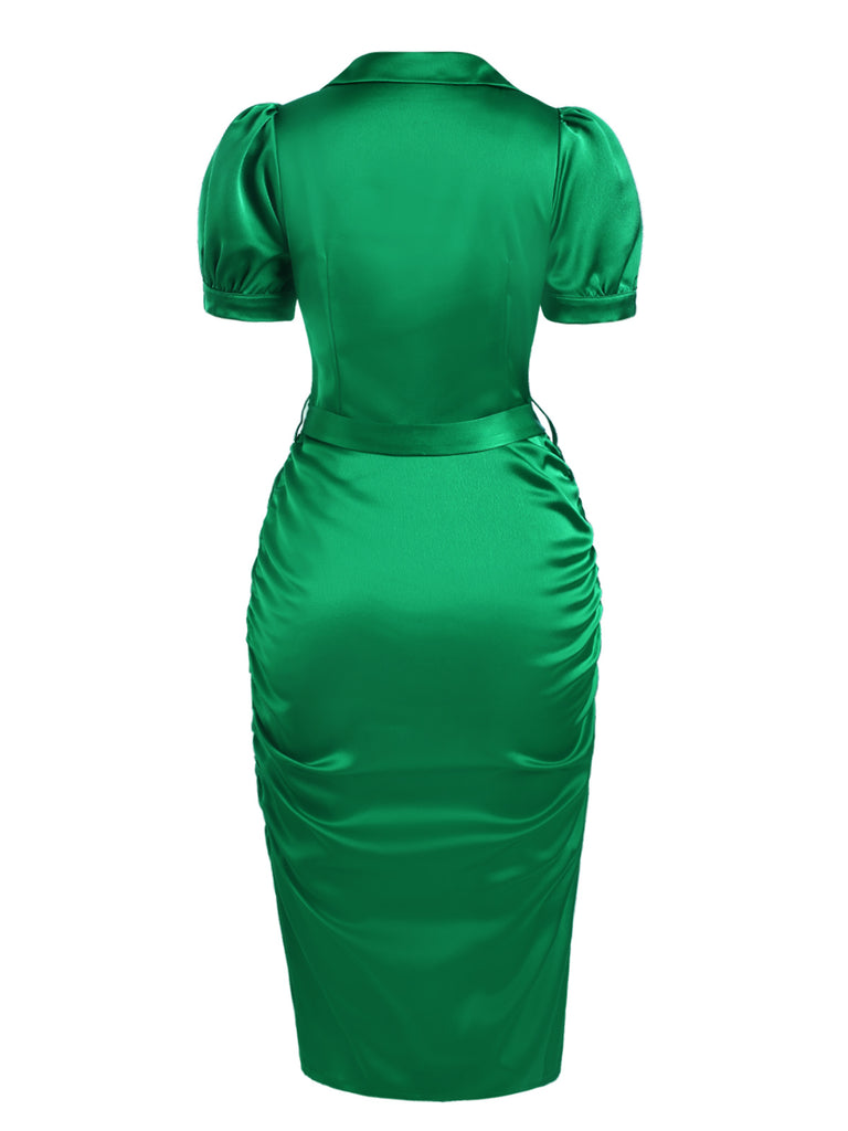 [Pre-Sale] Green 1960s Lapel Satin Puff Sleeve Belted Dress