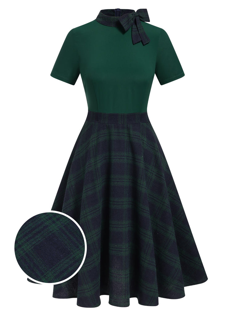 Green 1950s Tie Neck Plaids Patchwork Dress