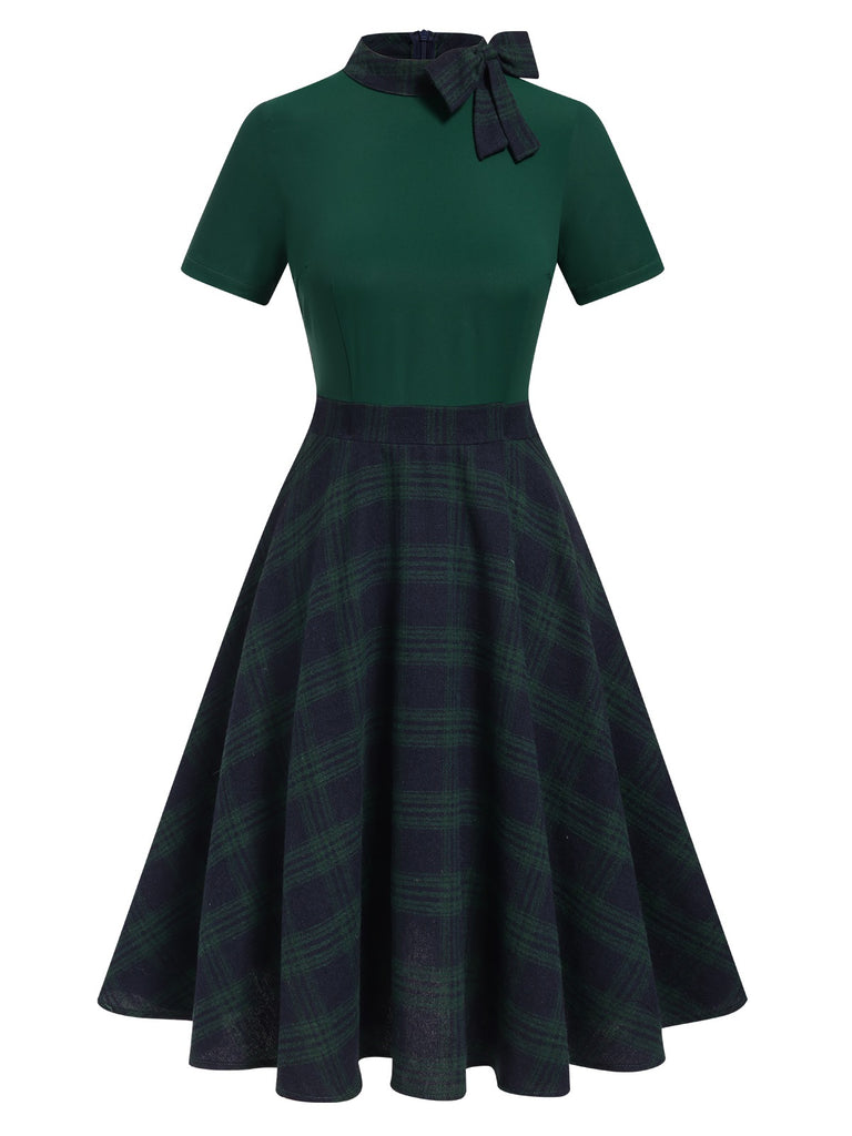 Green 1950s Tie Neck Plaids Patchwork Dress