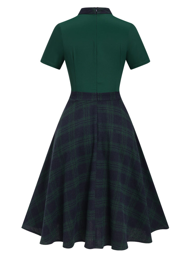 Green 1950s Tie Neck Plaids Patchwork Dress