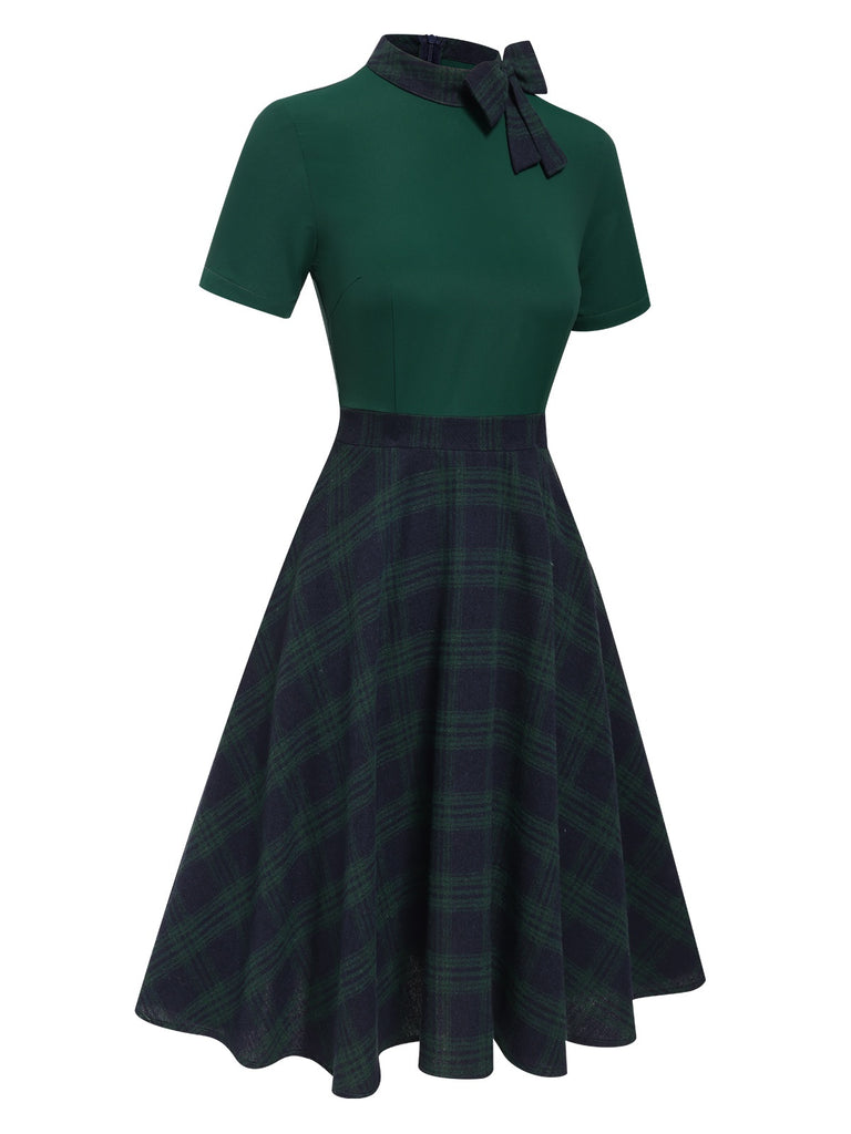 Green 1950s Tie Neck Plaids Patchwork Dress