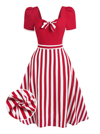 Red 1950s Striped Bow Dress