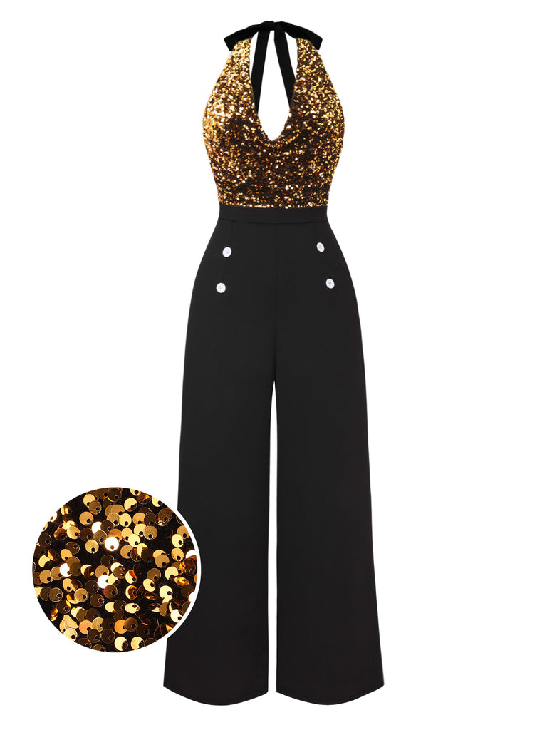 [Pre-Sale] Gold 1930s Cowl Neck Sequined Jumpsuit