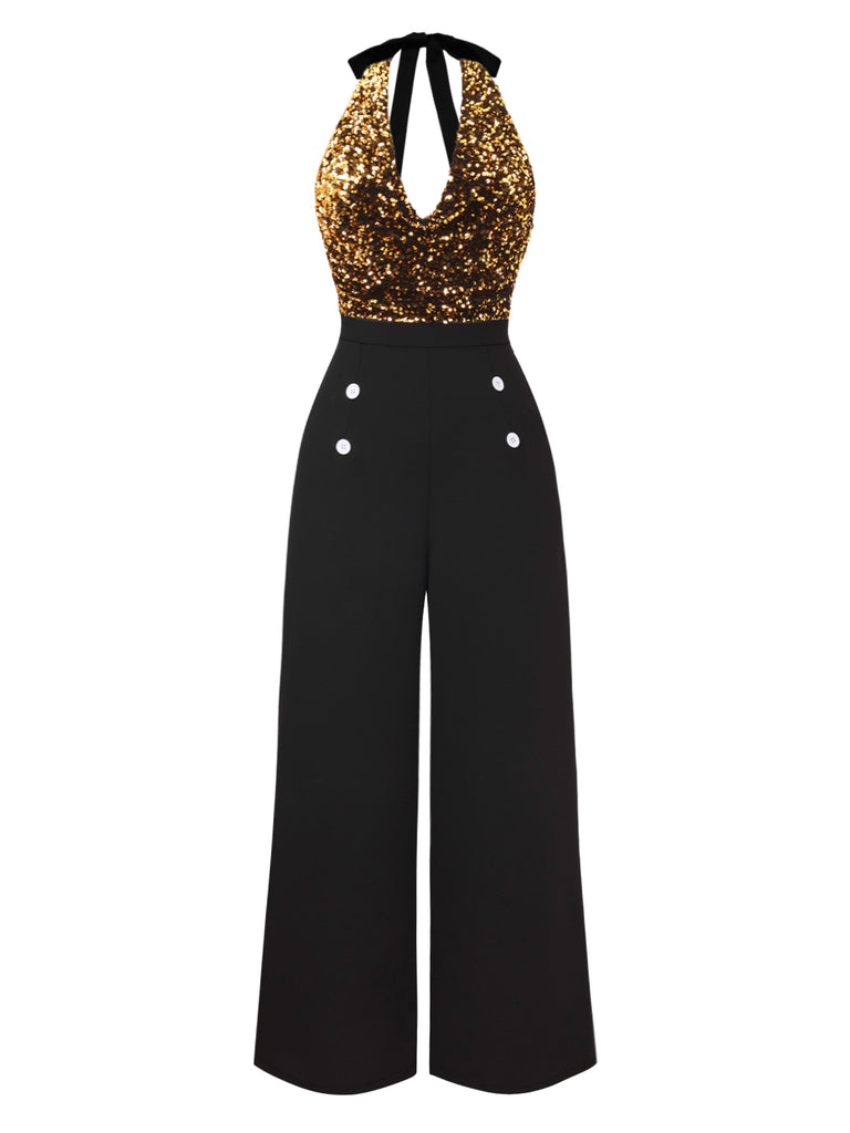 [Pre-Sale] Gold 1930s Cowl Neck Sequined Jumpsuit