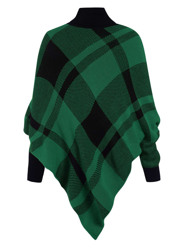 1950s Mock Neck Plaid Knit Poncho Sweater