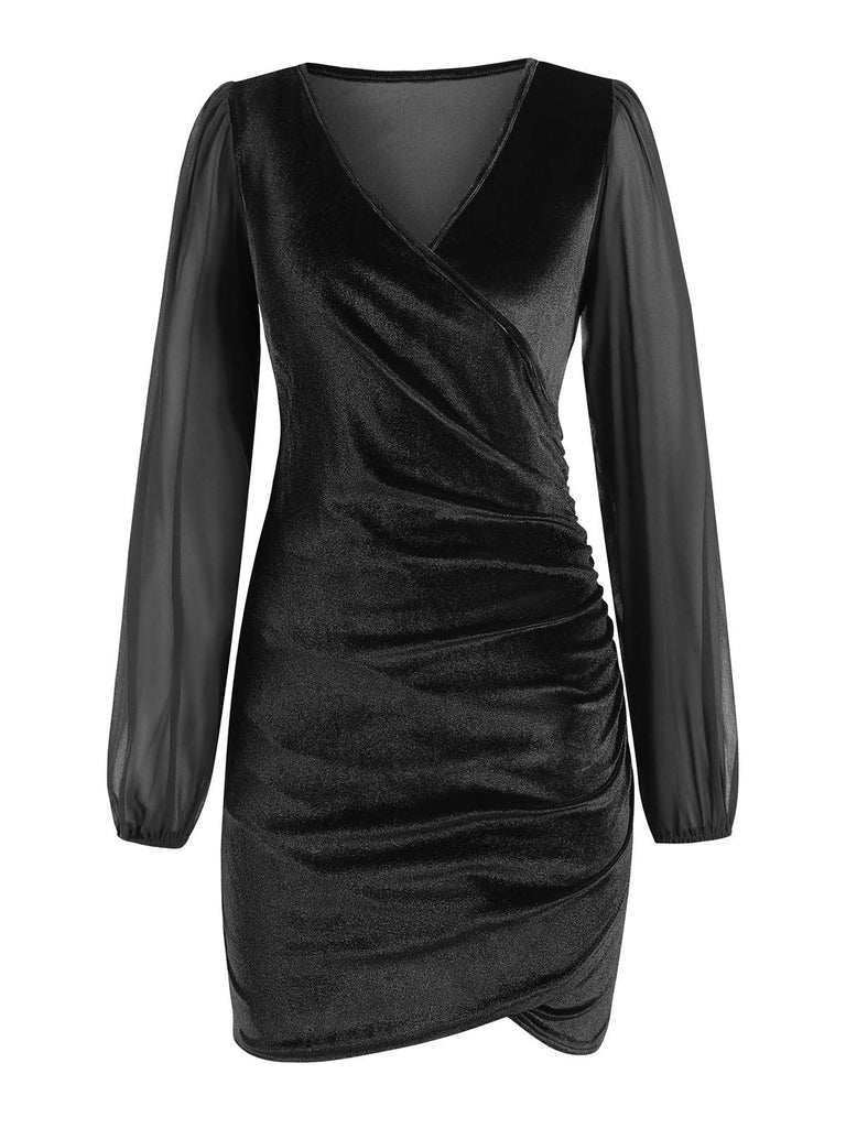 1960s Solid Sheer Sleeves V-Neck Velvet Dress