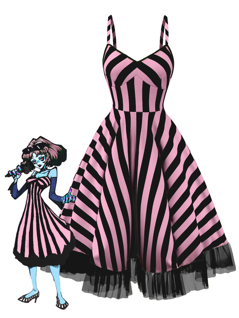[Pre-Sale] Black&White 1950s Striped Fluorescent Green Lace Dress