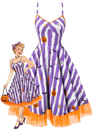[Pre-Sale] Purple 1950s Striped Fluorescent Green Lace Dress