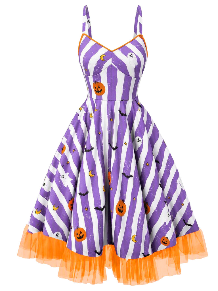 [Pre-Sale] Purple 1950s Striped Fluorescent Green Lace Dress