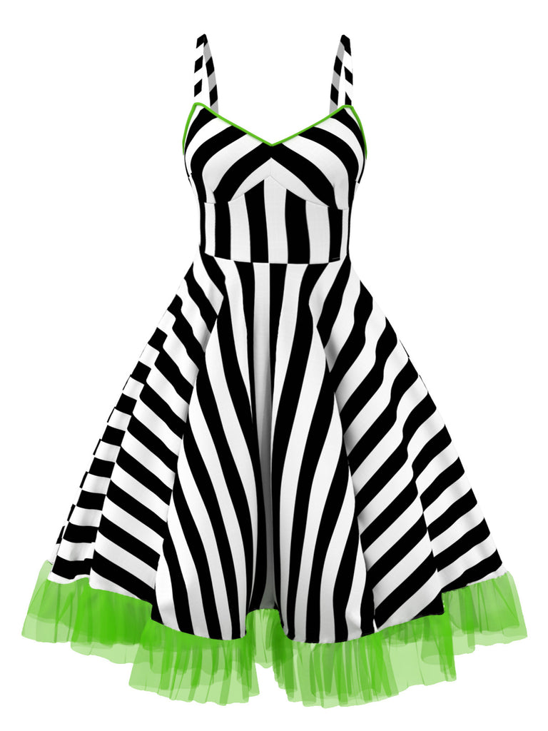 [Pre-Sale] [Plus Size] Black&White 1950s Striped Fluorescent Green Lace Dress