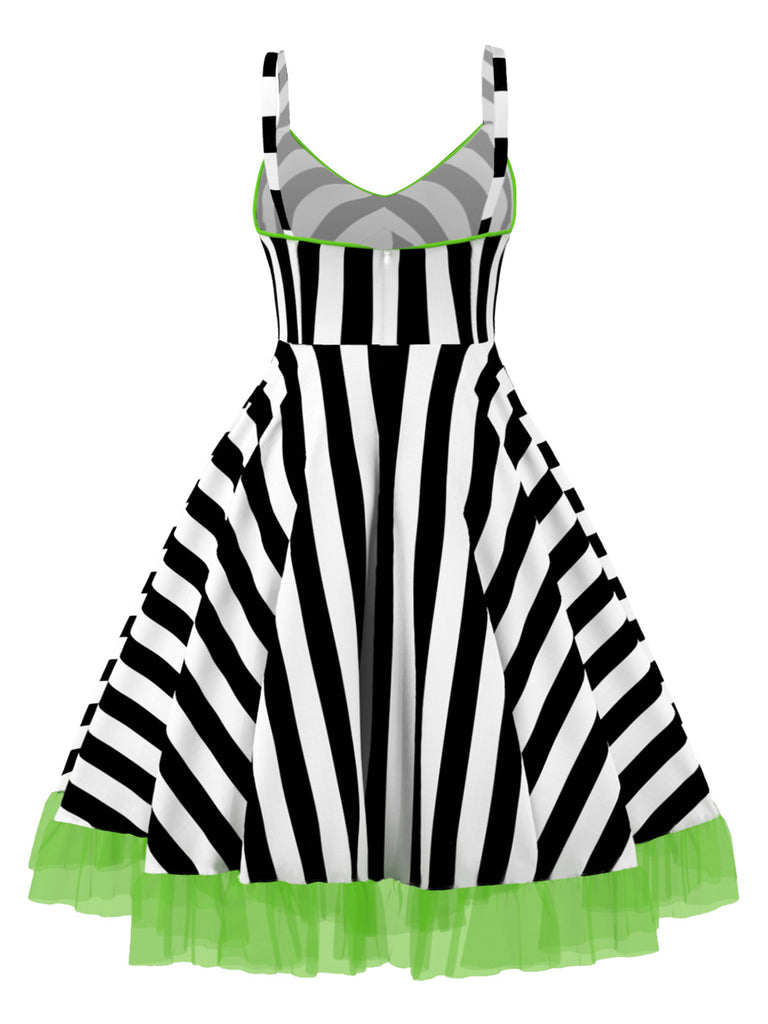[Pre-Sale] [Plus Size] Black&White 1950s Striped Fluorescent Green Lace Dress