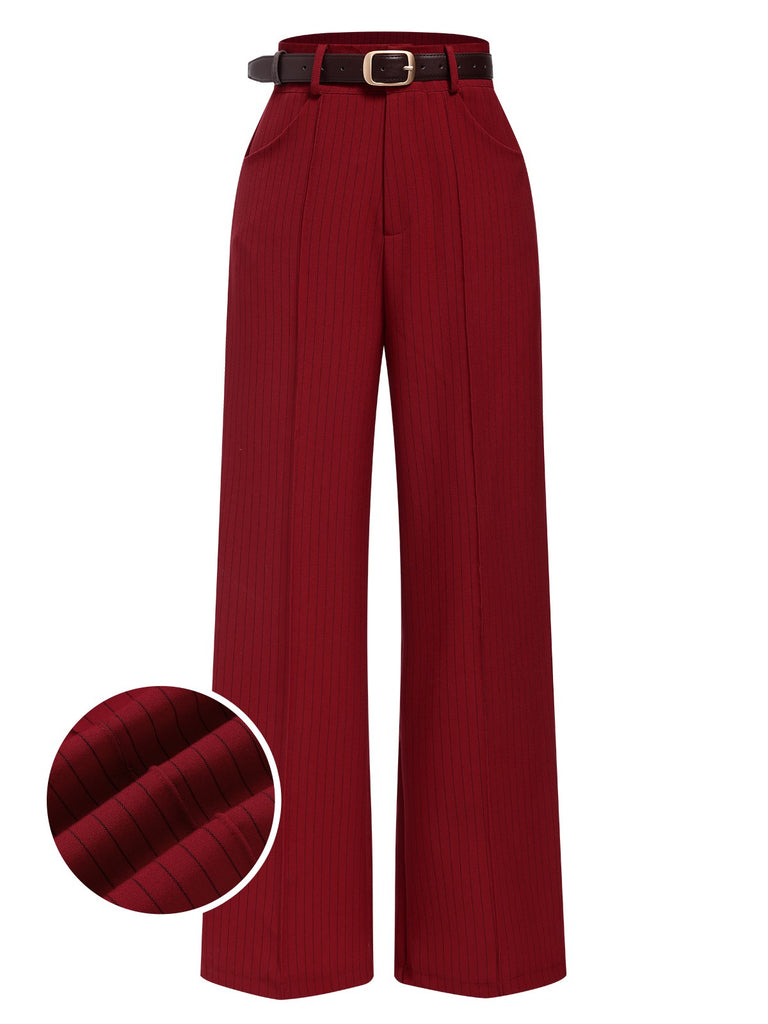 [Pre-Sale] Deep Red 1950s Stripes Wide Leg Belted Pants