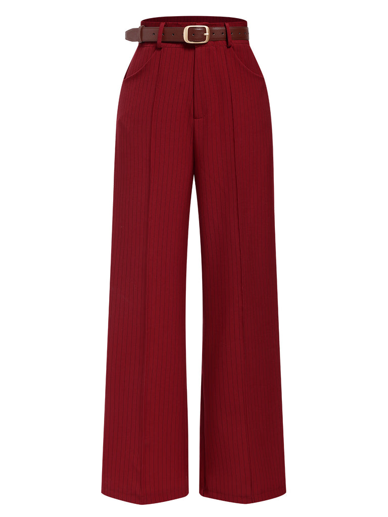 Deep Red 1950s Stripes Wide Leg Belted Pants