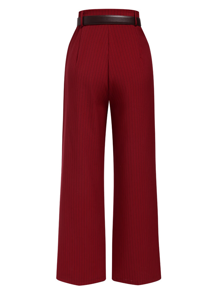 [Pre-Sale] Deep Red 1950s Stripes Wide Leg Belted Pants