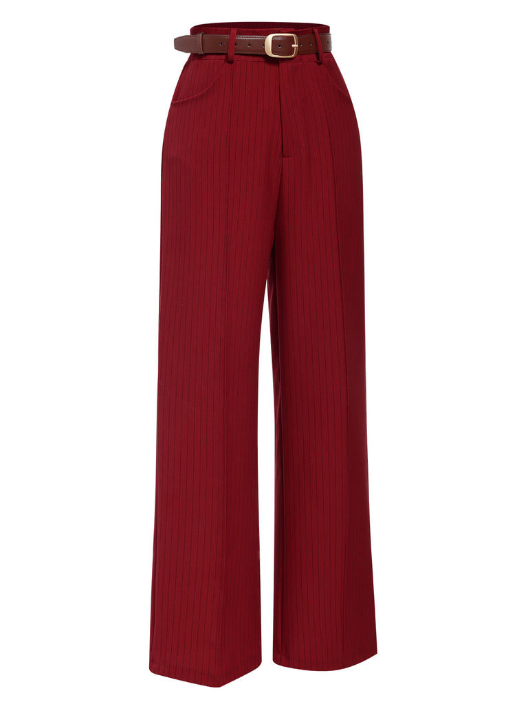 Deep Red 1950s Stripes Wide Leg Belted Pants