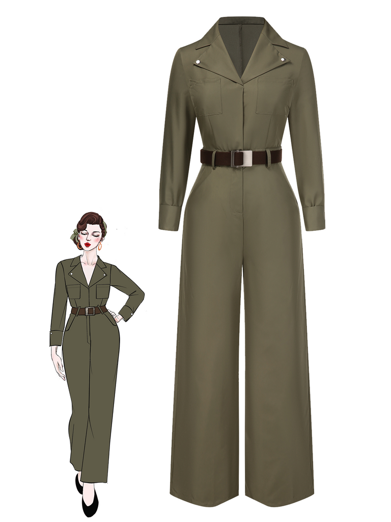 [Pre-Sale] Green 1930s Solid Lapel Belted Jumpsuit