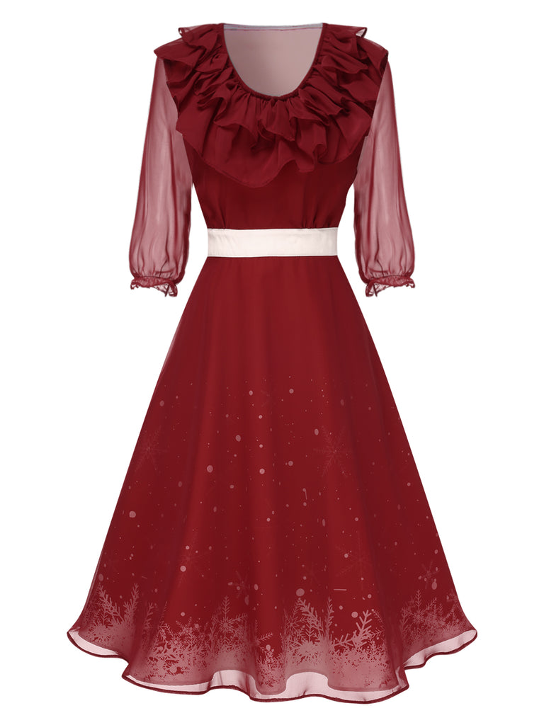 [Pre-Sale] Red 1940s Double Ruffle Snowflake Dress