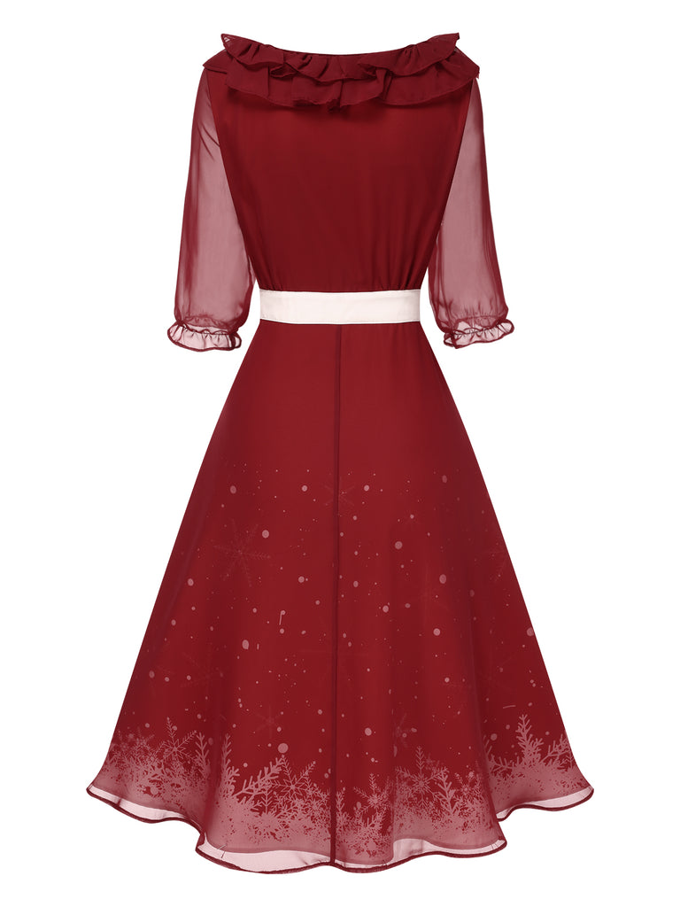 [Pre-Sale] Red 1940s Double Ruffle Snowflake Dress