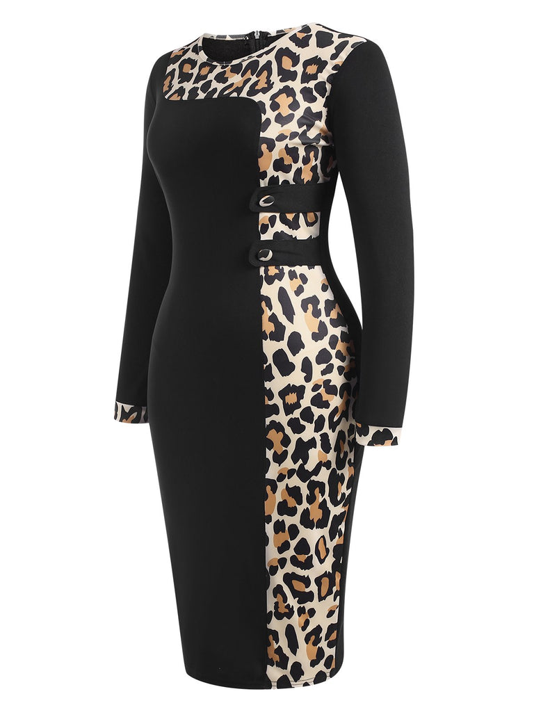 Black 1960s Leopard Patchwork Pencil Dress