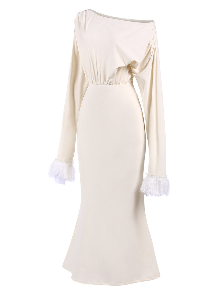 Beige 1930s Solid Plush Cuff Mermaid Dress