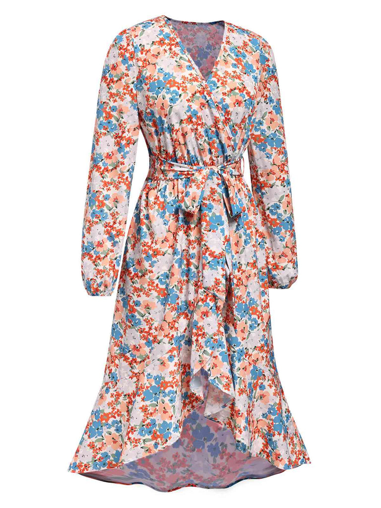 1940s Wrap Floral Ruffled Hem Belted Dress