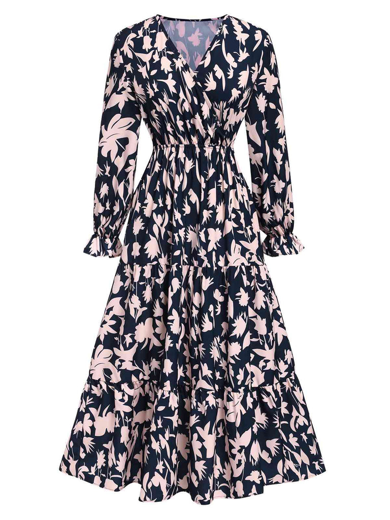 Navy Blue 1930s V-Neck Floral Dress