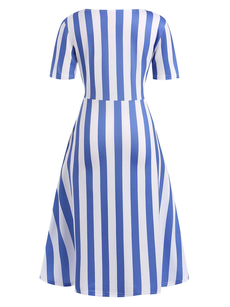 Light Blue 1940s Nautical Striped Belted Dress