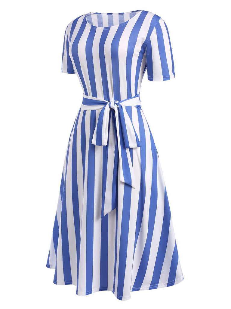 Light Blue 1940s Nautical Striped Belted Dress