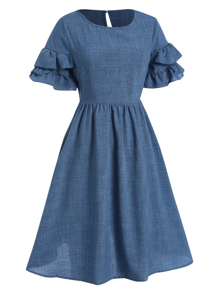 Blue 1940s Layered Ruffle Sleeve A-Line Dress