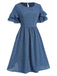 Blue 1940s Layered Ruffle Sleeve A-Line Dress