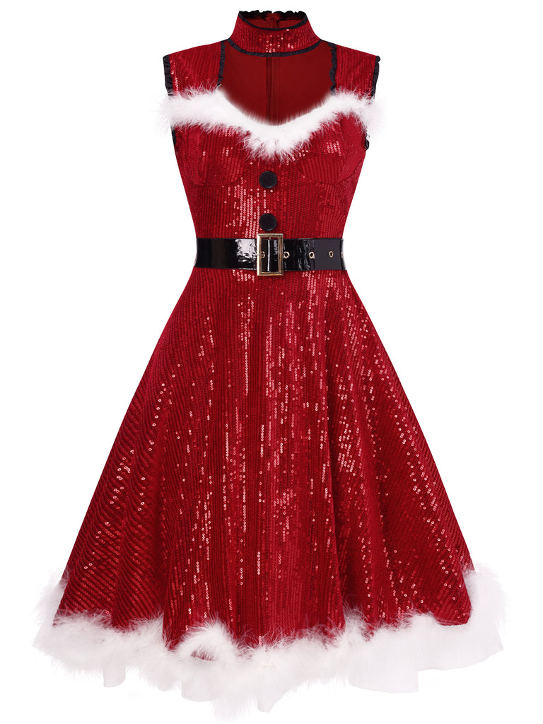 Red 1970s Christmas Fur Trim Sequined Dress